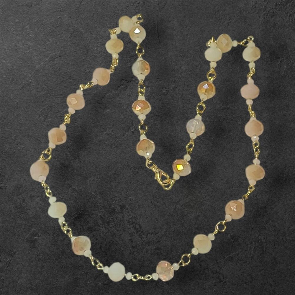 Pink White & Gold Tone Crystal Bead Station Necklace 22"
